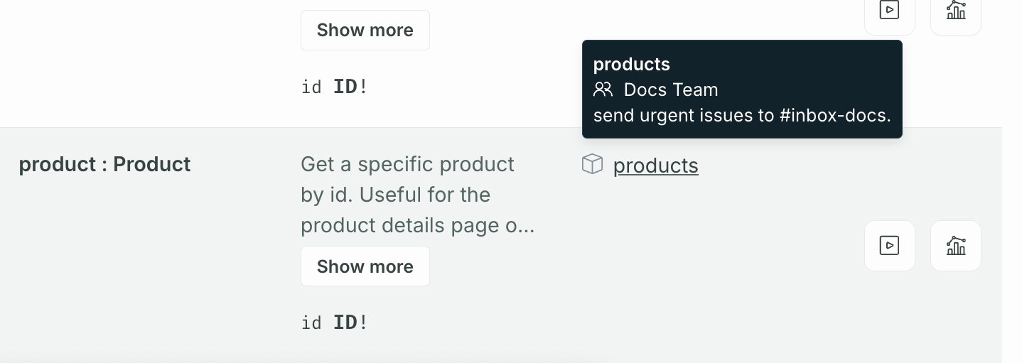 Studio screenshot showing subgraph contact tooltip in Schema Reference subgraph column